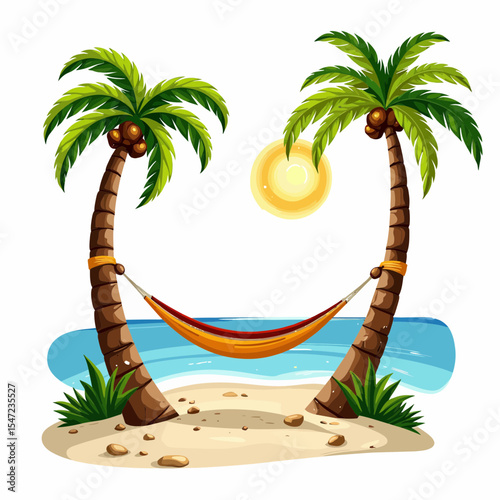 Tropical beach with hammock between palm trees and sunlit ocean  