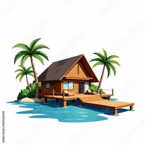 Tropical wooden cabin by the water surrounded by palm trees  