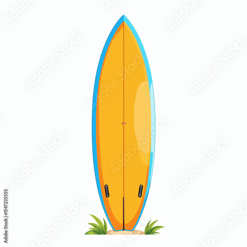 Bright yellow surfboard standing on sandy beach with green grass  
