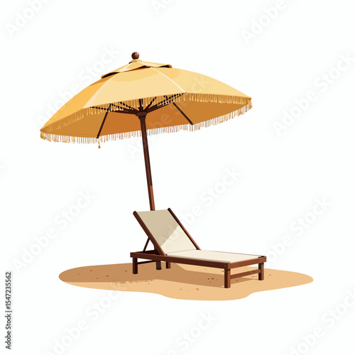 Beach lounge chair with yellow umbrella on sandy shore  