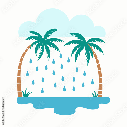 Tropical scene with palm trees under rain and clouds above water  