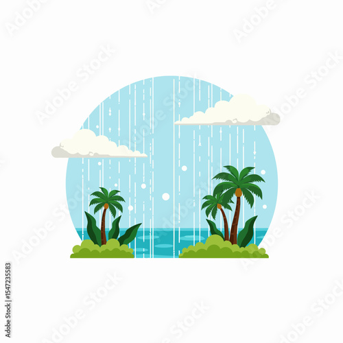 Tropical landscape with palm trees and rain under cloudy sky  