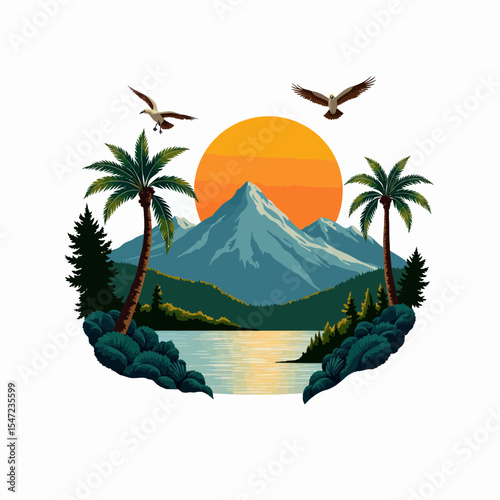 Mountain landscape with palm trees and sunset over lake  