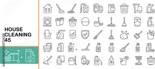 House cleaning line icons featuring tools and equipment for cleaning