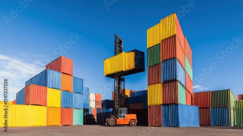 Colorful containers stacked at port with a forklift moving cargo during daytime operations