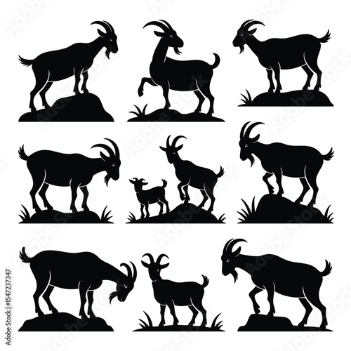 Nine Silhouettes of Goats: Adult and Kid in Various Poses