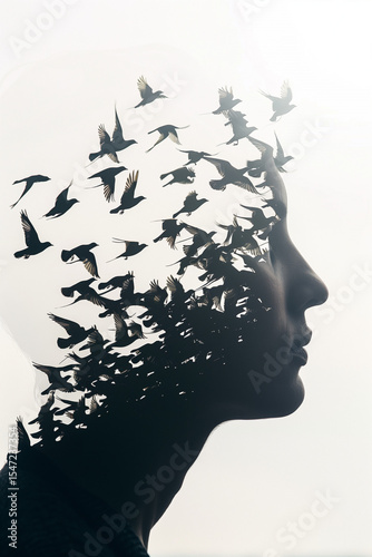 Silhouette of a female profile with a double exposure effect, where her hair turns into a flock of birds flying skyward. A mystical, symbolic composition