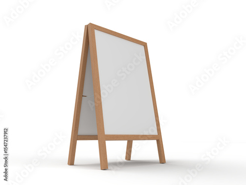 3D Realistic floor wood standing folding sandwich board mockup. Blank portable vertical info placard sign holder stand for welcome sign, greeting, banner, ads, showcase, sidewalk or caution sign