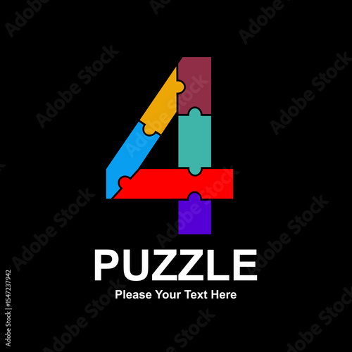"Puzzle" logo featuring a colorful number four made of puzzle pieces on a black background. Ideal for educational games or apps.