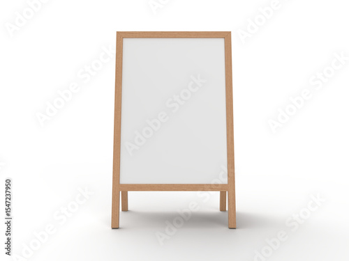 3D Realistic floor wood standing folding sandwich board mockup. Blank portable vertical info placard sign holder stand for welcome sign, greeting, banner, ads, showcase, sidewalk or caution sign