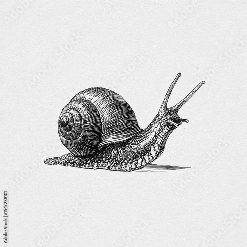 Detailed Ink Drawing of a Snail Crawling on a White Background: Nature Illustration, Close-up View, Monochromatic Art, Gastropods.