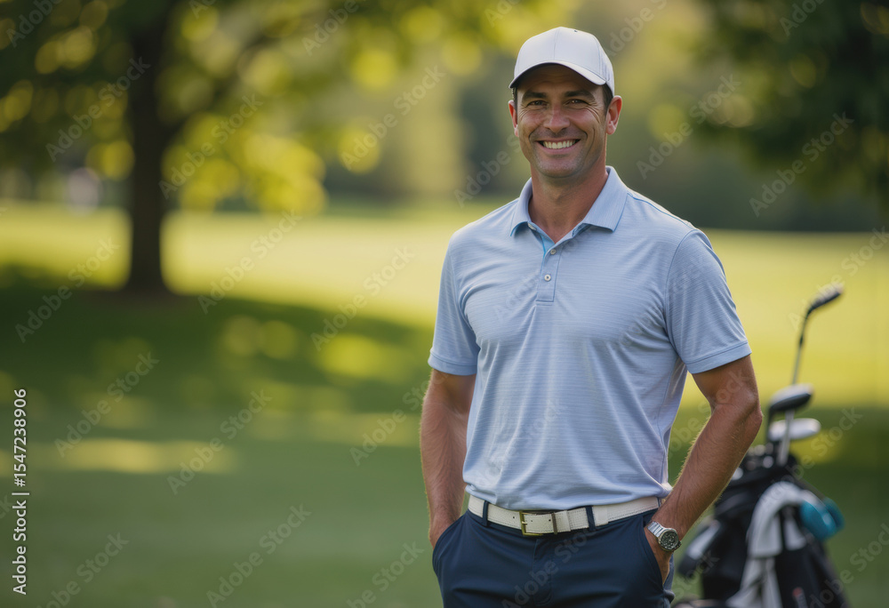 Naklejka premium Smiling golfer enjoying a sunny day in the backyard