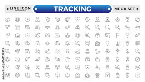 Tracking related icons set. Including logistics, warehouse, delivery, transport, inventory, freight, distribution, and Supply chain. Editable stroke outline icon.
