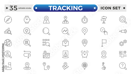 Tracking related icons set. Including logistics, warehouse, delivery, transport, inventory, freight, distribution, and Supply chain. Editable stroke outline icon.
