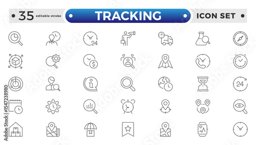Tracking related icons set. Including logistics, warehouse, delivery, transport, inventory, freight, distribution, and Supply chain. Editable stroke outline icon.
