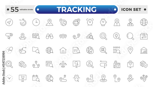 Tracking related icons set. Including logistics, warehouse, delivery, transport, inventory, freight, distribution, and Supply chain. Editable stroke outline icon.

