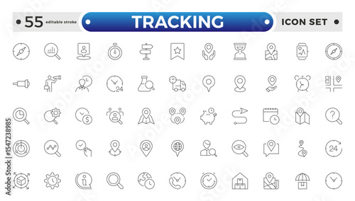 Tracking related icons set. Including logistics, warehouse, delivery, transport, inventory, freight, distribution, and Supply chain. Editable stroke outline icon.
