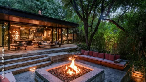 Cozy outdoor living area with a fire pit, modern design, and lush surroundings in the evening light