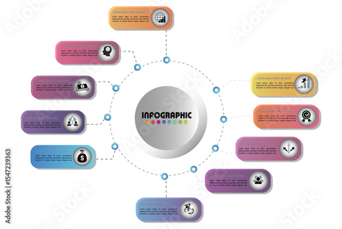 Business infographic with a central hub and connected points, ideal for showcasing ideas, concepts, and relationships in presentations.
