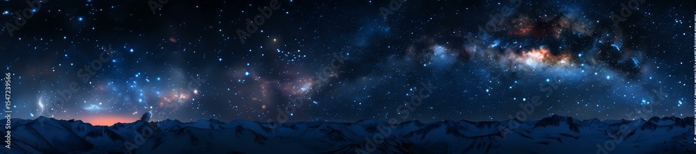 Panoramic night sky with vibrant Milky Way galaxy stretching across mountain silhouettes, featuring glowing nebulas and starry cosmos in deep blue tones. Panoramic night sky with vibrant Milky Way galaxy stretching across mountain silhouettes, featuring glowing nebulas and starry cosmos in deep blue tones.