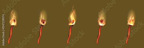 Set of traditional torches with flames in various burning stages on brown background.