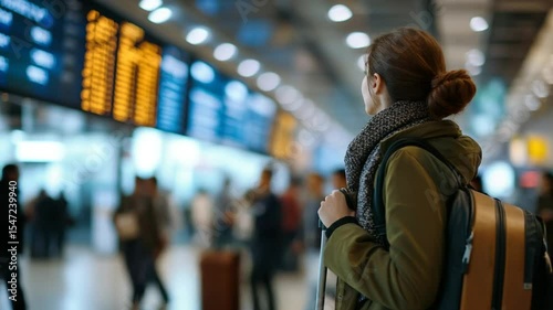 Young Woman Waiting at Airport Terminal Looking at Flight Board, Ready for Travel