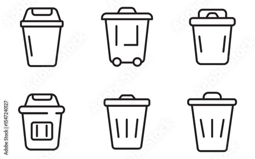 Trash Bin Icon Set – Outline Style Waste, Recycling, Solar, and Eco-Friendly Symbols for Sustainable Living	