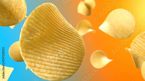 Crispy golden rippled potato chips floating against a vibrant gradient background of blue and orange hues