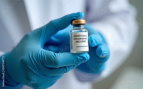 Close-up of doctor in blue medical gloves holding vaccine vial for hepatitis A prevention, healthcare worker preparing immunization, medical professional administering injection for disease control.