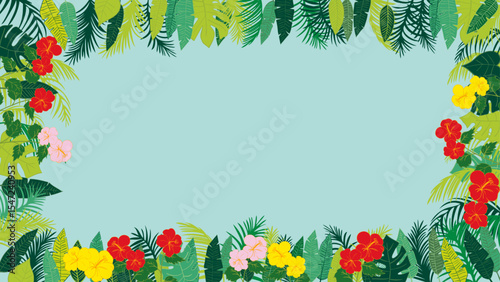 夏にぴったりの南国素材フレーム1（16:9） Summer Tropical Set  Frame with Leaves and Flowers