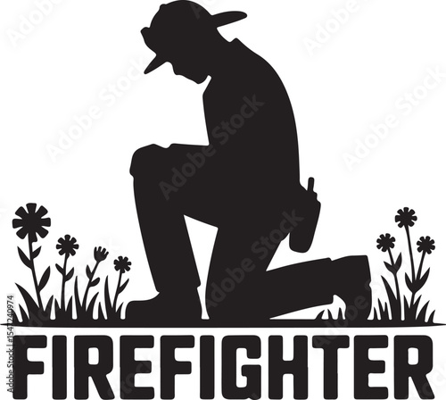 Firefighter kneeling vector illustration silhouette