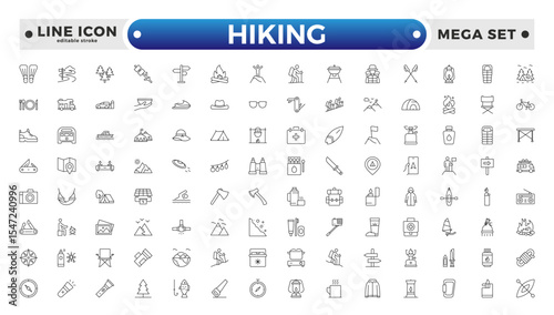 Hiking icons of outdoor survival: tent icon, backpack badge, hiking boots tag, survival map file, campfire board, mountain chart, adventure bubble, wilderness symbol. Editable stroke outline icon.
