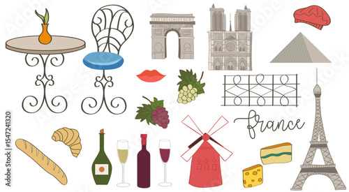 illustration traditional symbols France food architecture French cuisine croissant baguette beret pastries lavender wine grapes cheese 