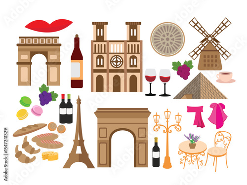 illustration traditional symbols France food architecture French cuisine croissant baguette beret pastries lavender wine grapes cheese 