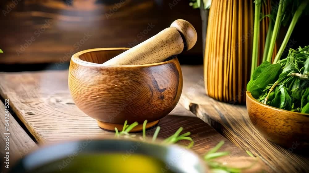 Green herbal infusion in ceramic bowl with steam and mortar with pestle on wooden surface displaying a natural medicinal preparation