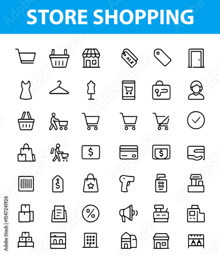 store shoppingStore and Shopping Line Icons – Cart, Bag, Shopfront, Tag, Sale, Barcode, Credit Card, Delivery Box, delivery truck, package box, Designed in a thin-line style perfect for ecommerce webs