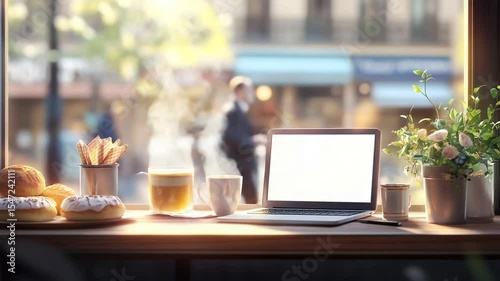 Laptop and Coffee Still Life by Cafe Window with Doughnuts and Flowers