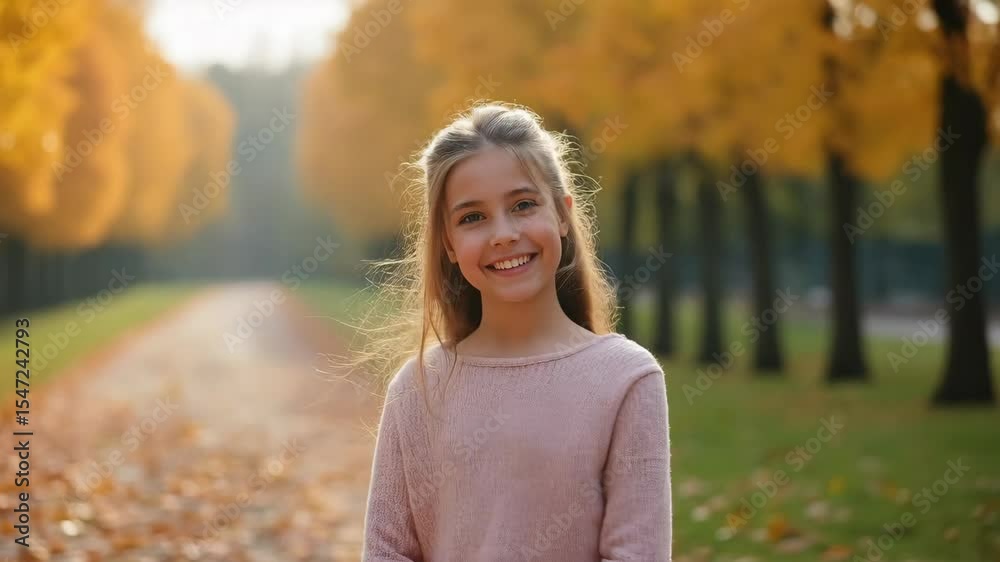 A young beautiful girl turns to the camera, smiling, against the background of an autumn park. A young beautiful girl turns to the camera, smiling, against the background of an autumn park.