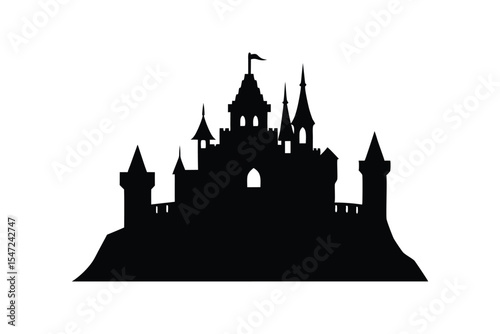 A black silhouette art of a medieval castle with towers.eps