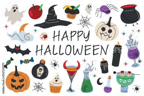 Flat cartoon vector illustration set of Halloween costume party accessories with handwritten Happy Halloween lettering. Witch hat, spooky drinks and candy for autumn celebration,, festive decor icons