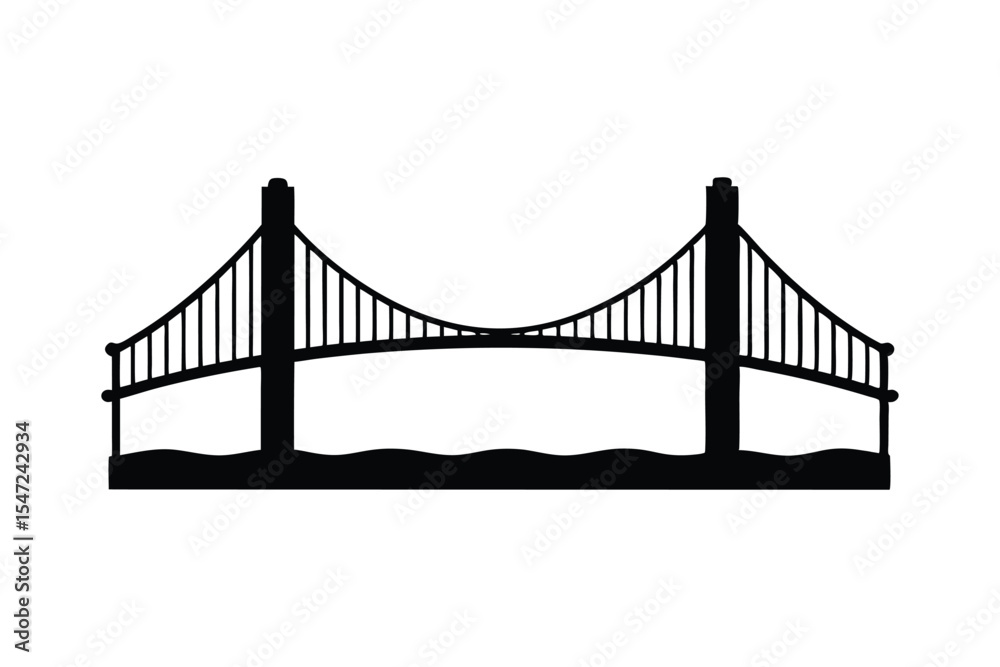 Obraz premium A black silhouette art of a suspension bridge stretching across water.eps