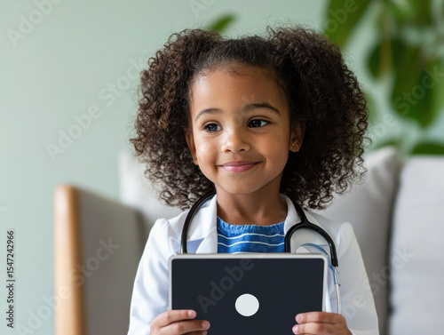 young girl with curly hair wears a white coat and stethoscope, holding a tablet, portraying a child playing doctor or aspiring healthcare professional.