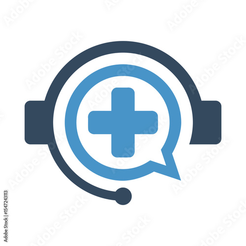 medical call center icon, headset with speech bubble symbol, telemedicine logo symbol, healthcare remote assistance sign