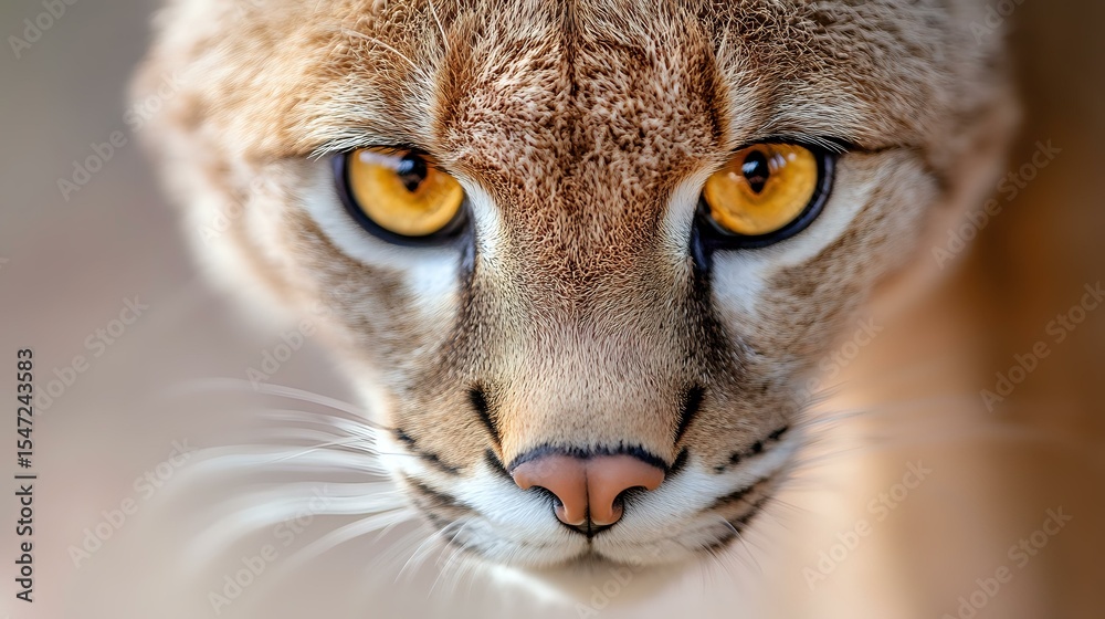 Obraz premium Close up portrait of wild cat face with intense amber eyes, detailed view of feline nose and whiskers against blurred background, dramatic wildlife photography.