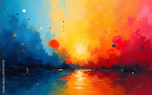 Create an abstract painting using bright and vivid colors. High quality