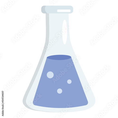 Vector illustration of a transparent chemistry flask filled with blue liquid. Perfect for science, lab, or education-related design concepts.