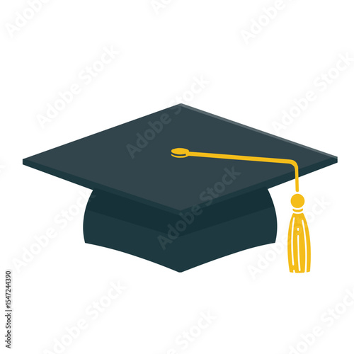 Flat design of a graduation cap with golden tassel. A symbol of academic success, achievement, and ceremony.