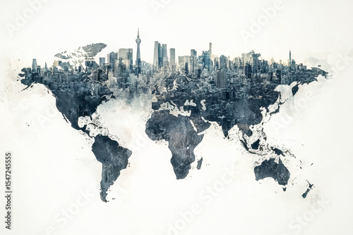 Blended world map with cityscape skyline overlay