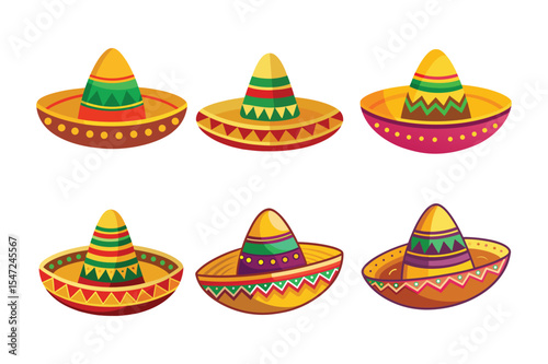 A colorful collection of six vector sombrero hats depicting mexican culture and festivities