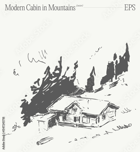 A modern illustration of a cozy cabin in serene mountains for tranquil retreats